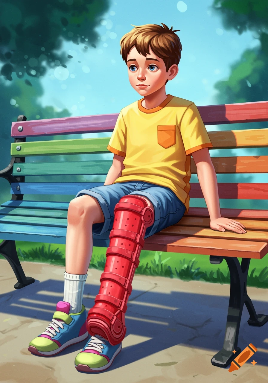 A boy with a red leg splint sits on a colorful park bench in a vibrant cartoon style.