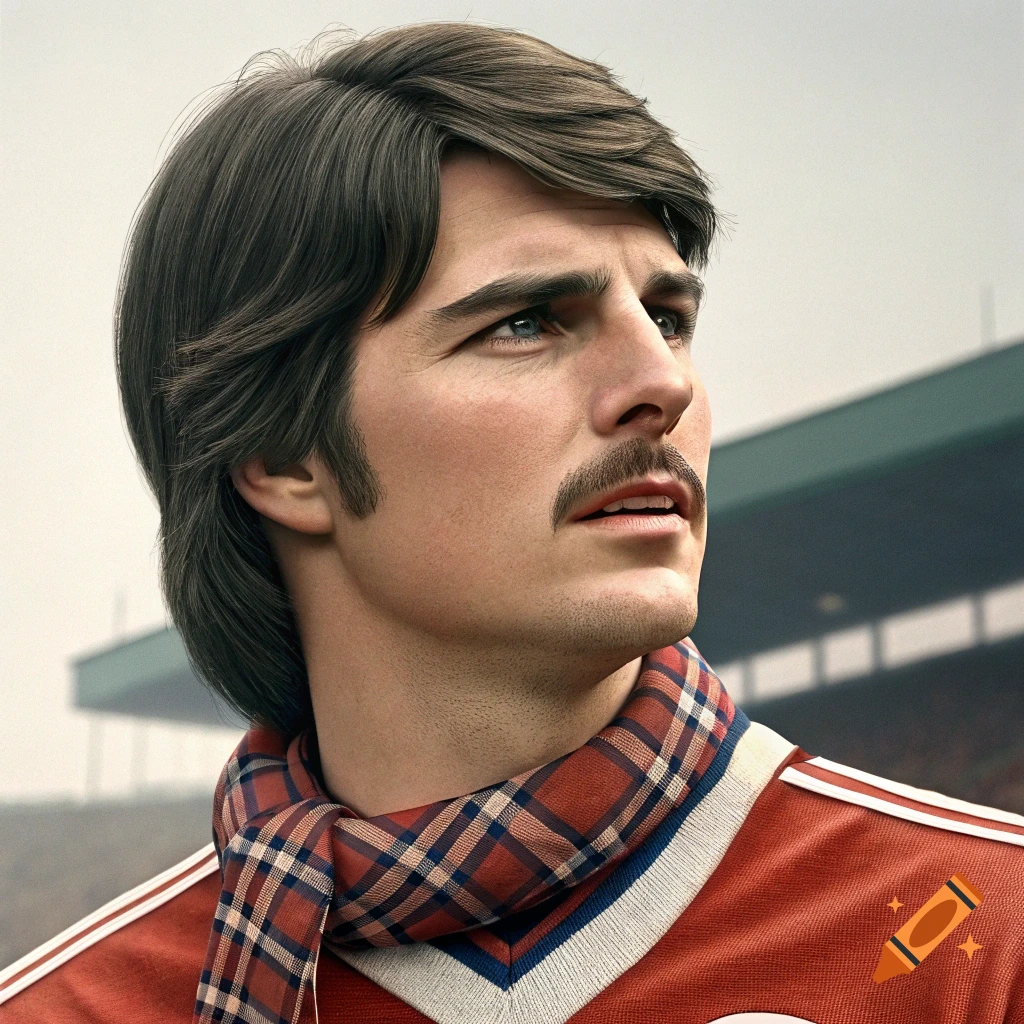 Photorealistic headshot of a man resembling Tom Cruise with a mustache, wearing a plaid scarf and red sports jersey, at a stadium.