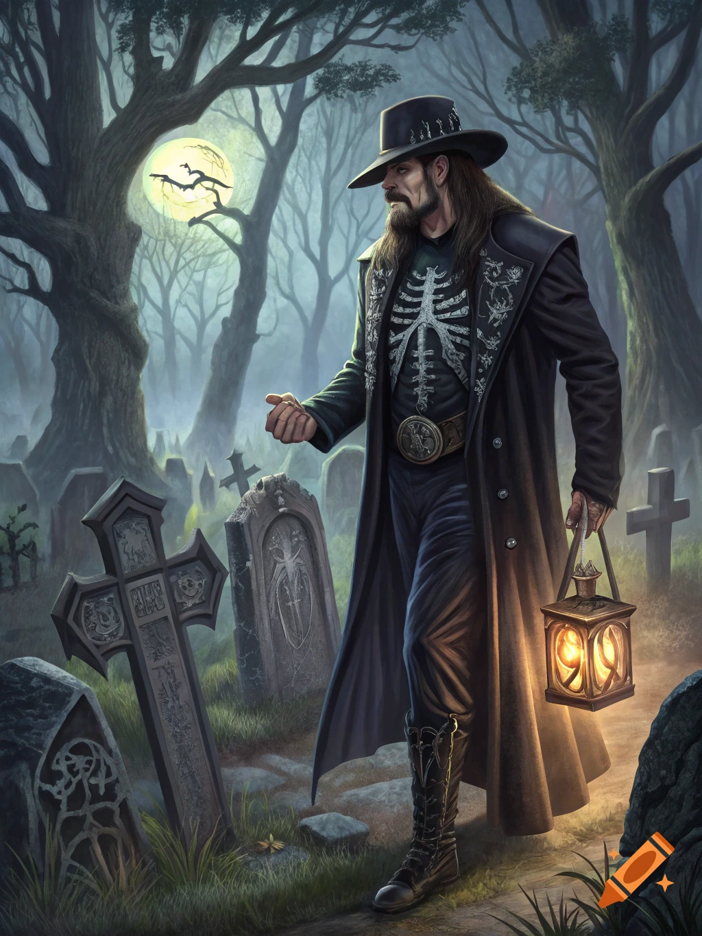 A man resembling The Undertaker walks through a foggy, moonlit cemetery holding a glowing lantern.