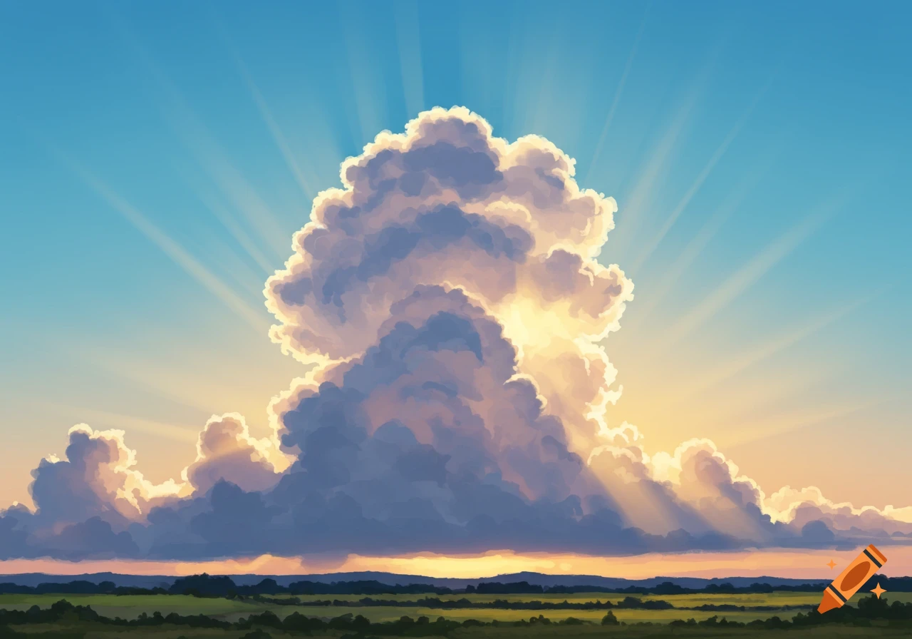 Stylized illustration of a huge cumulus cloud illuminated by sun rays in a bright blue sky over a green landscape at sunrise.