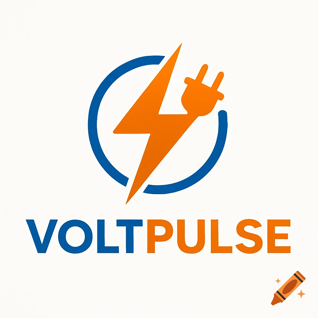 A blue and orange logo featuring a lightning bolt and an electrical plug inside a circle, with the word VOLTPULSE below.