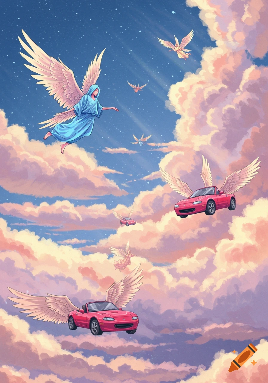 Angels and winged red Miata cars fly through a pastel sky filled with fluffy clouds and twinkling stars in an illustrative style.