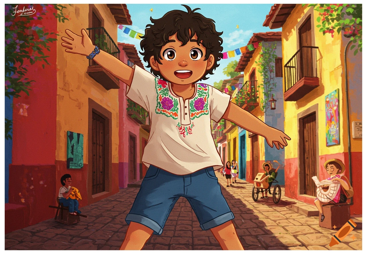 A smiling cartoon boy with curly hair stands with open arms on a colorful street in a Mexican town with festive flags.