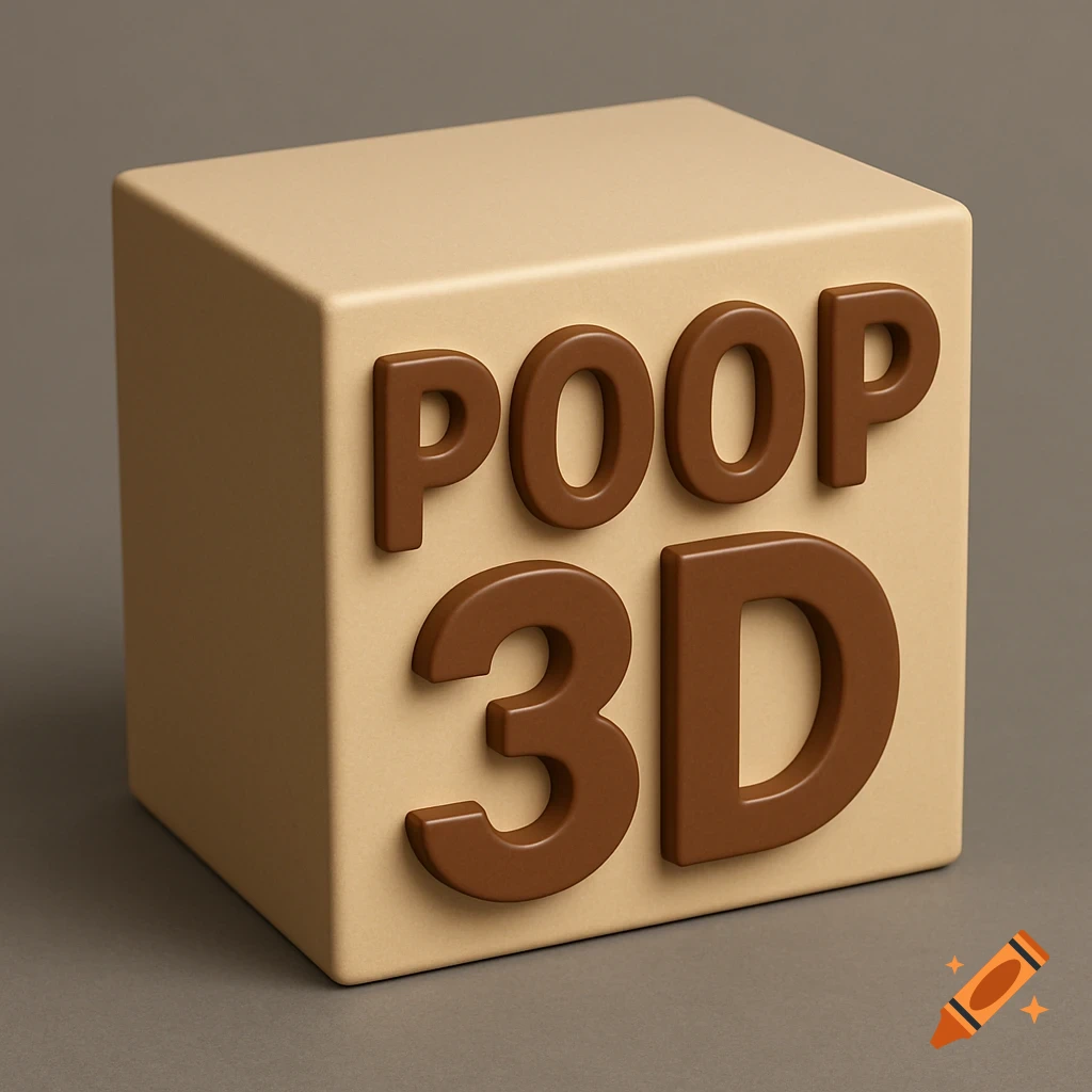 A beige 3D cube with raised brown letters spelling 'POOP 3D' on its front face, rendered in a clean, minimalist style.