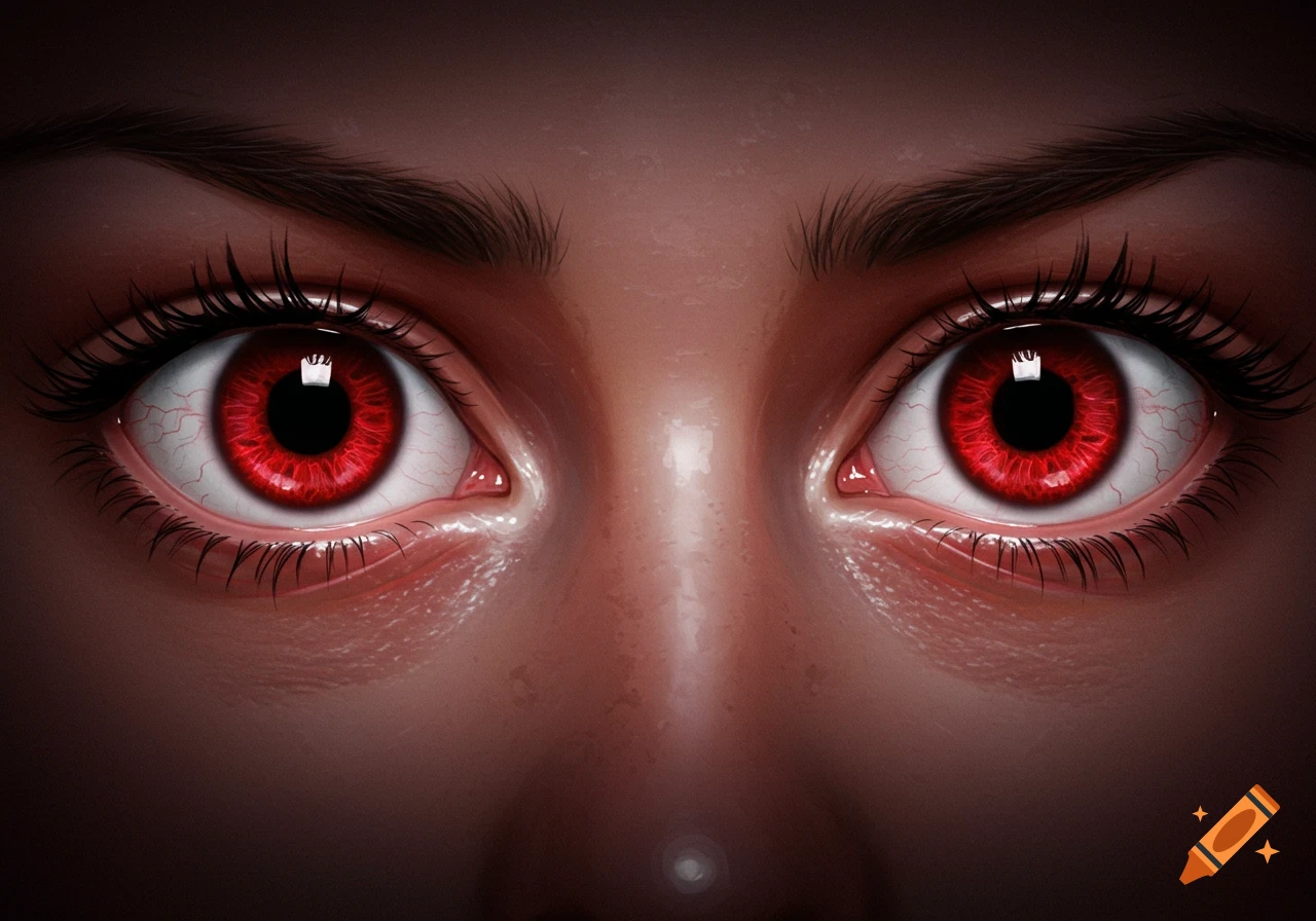 Close-up of a person's wide-open eyes with bright red irises and bloodshot whites, in a realistic digital painting style.