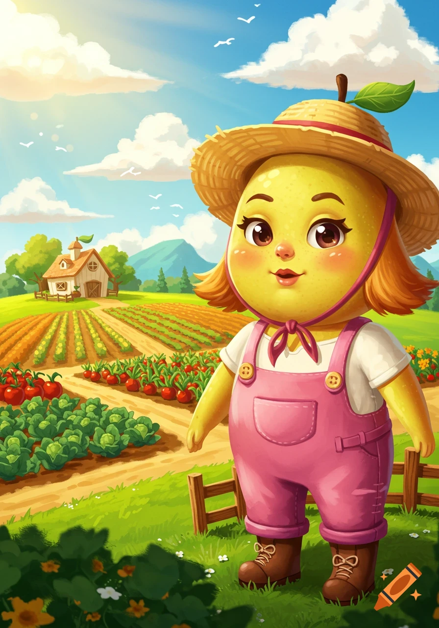 A cute, cartoon pear character wearing pink overalls and a straw hat stands in a vibrant farm field with crops and a farmhouse under a sunny sky.