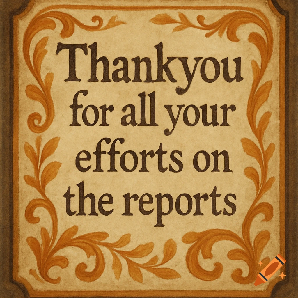 A decorative beige sign with brown scrollwork borders, displaying 'Thankyou for all your efforts on the reports' in dark brown text.