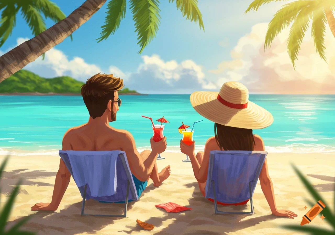 Illustrated image of a man and a woman relaxing on beach chairs on a sunny tropical beach, holding drinks.