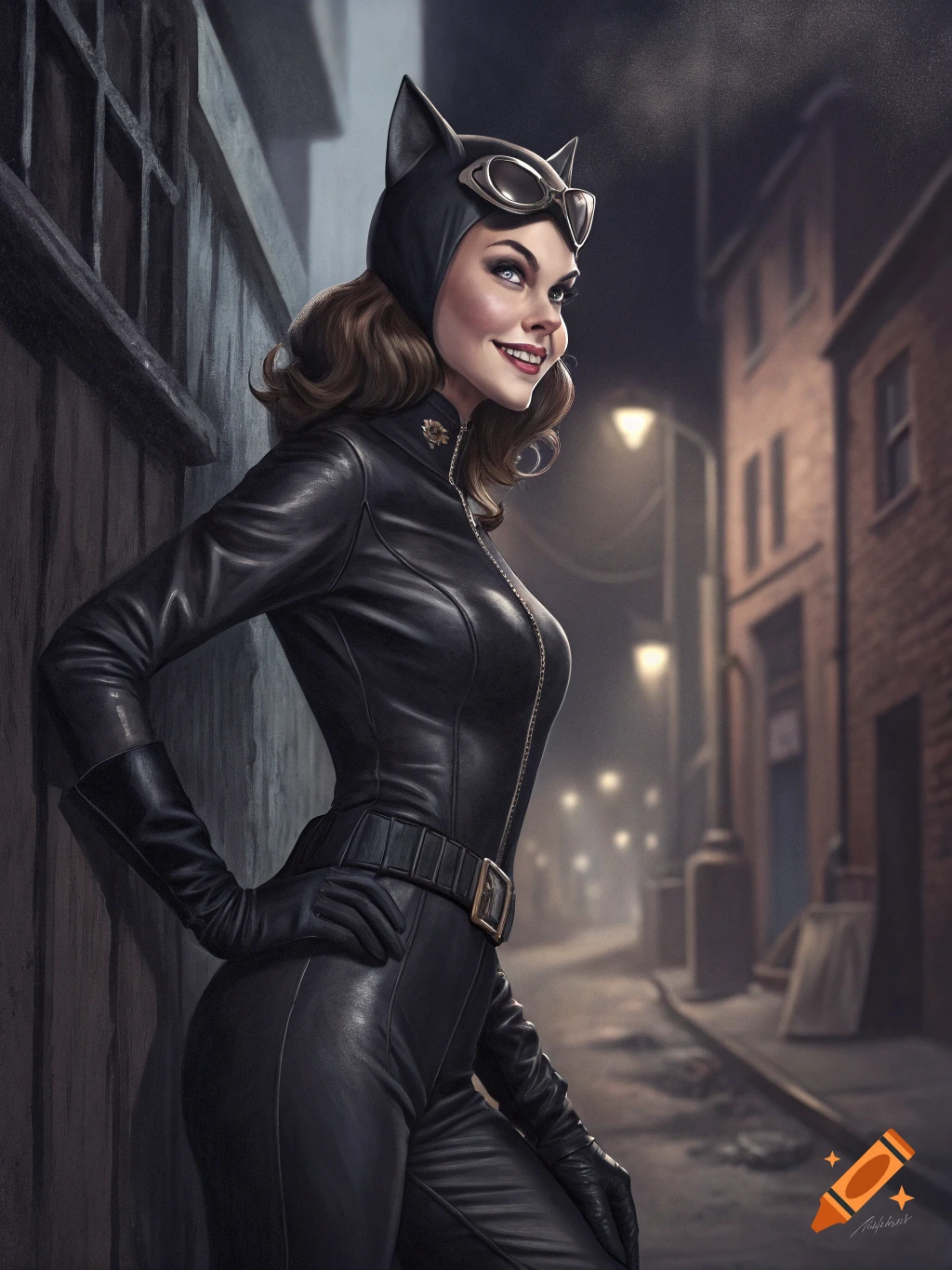 A woman in a black Catwoman suit, complete with goggles and cat ears, poses in a dark city alley at night.