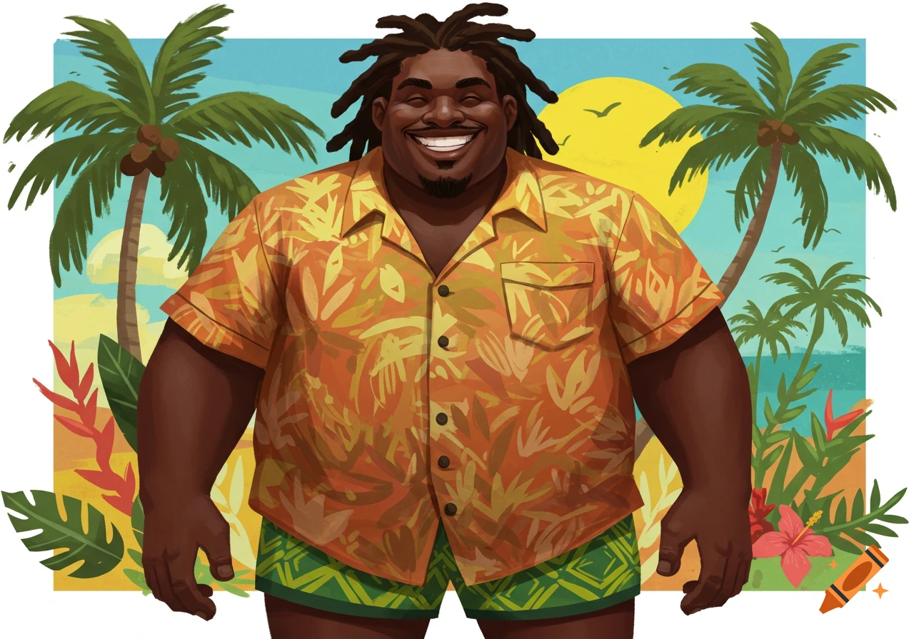 A vibrant illustration of a smiling Black man with dreadlocks in a tropical setting, wearing an orange patterned shirt and green shorts.