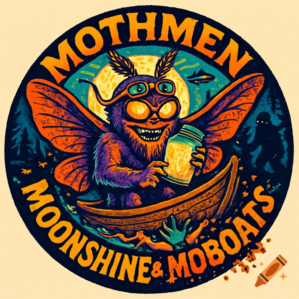 A vibrant, retro-style round logo featuring a purple, fuzzy Mothman with orange wings and goggles, holding a glowing jar in a boat, with text "Mothmen Moonshine & Mudboats" around the border.