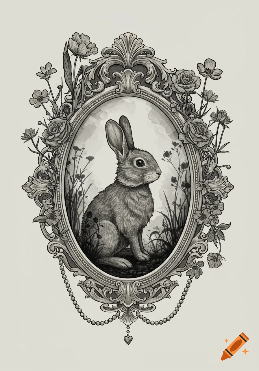 Black and white sketch of a rabbit sitting in grass, enclosed within an ornate vintage Gothic floral frame.