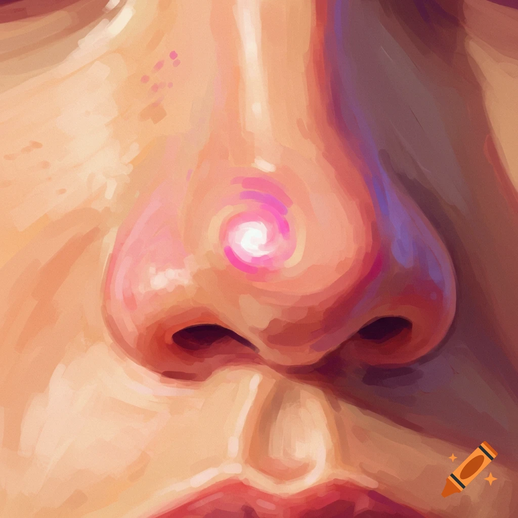 Close-up, painterly style image of a human nose with a glowing pink and white swirl on the bridge.