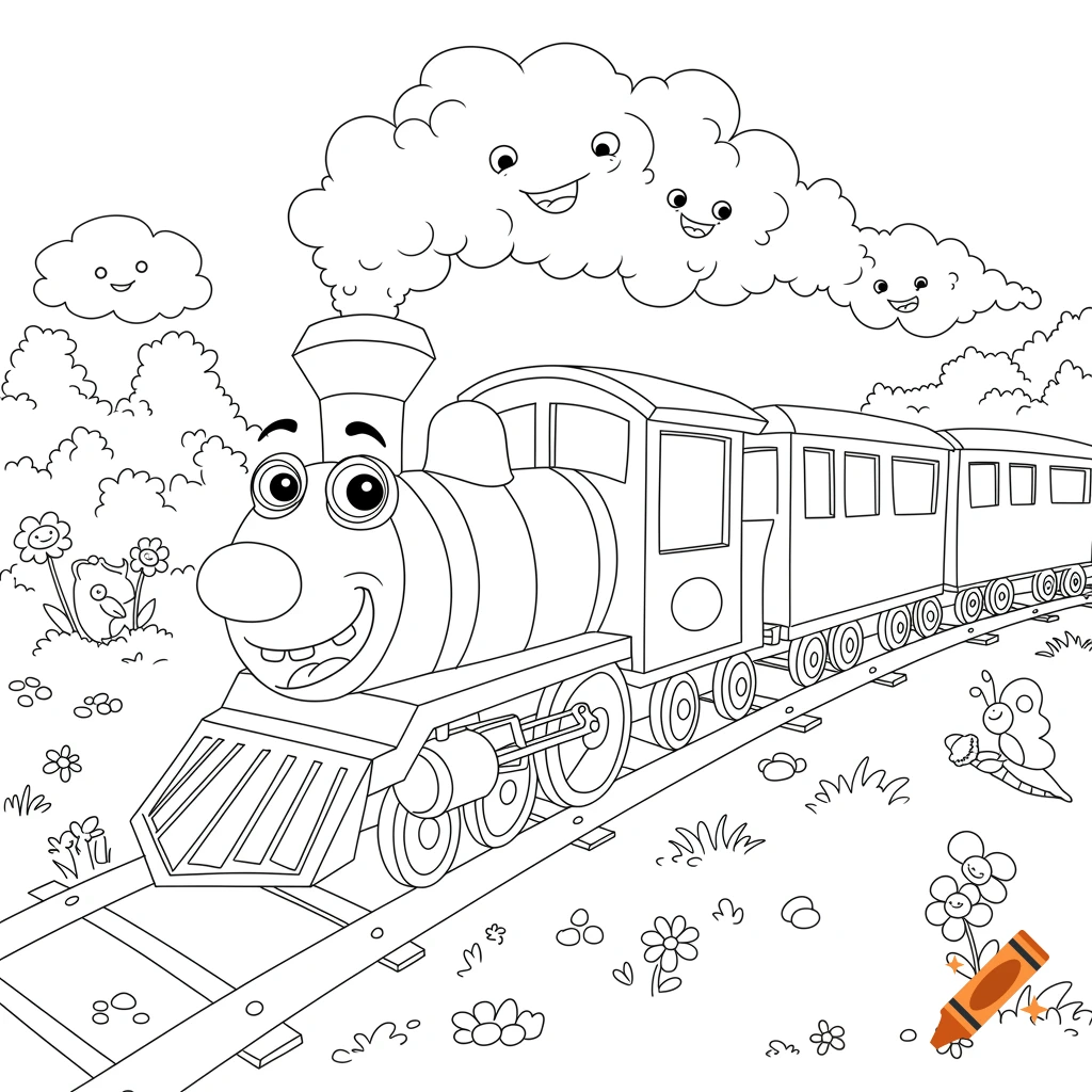 A black and white cartoon coloring page showing a smiling train on tracks with smiling clouds.