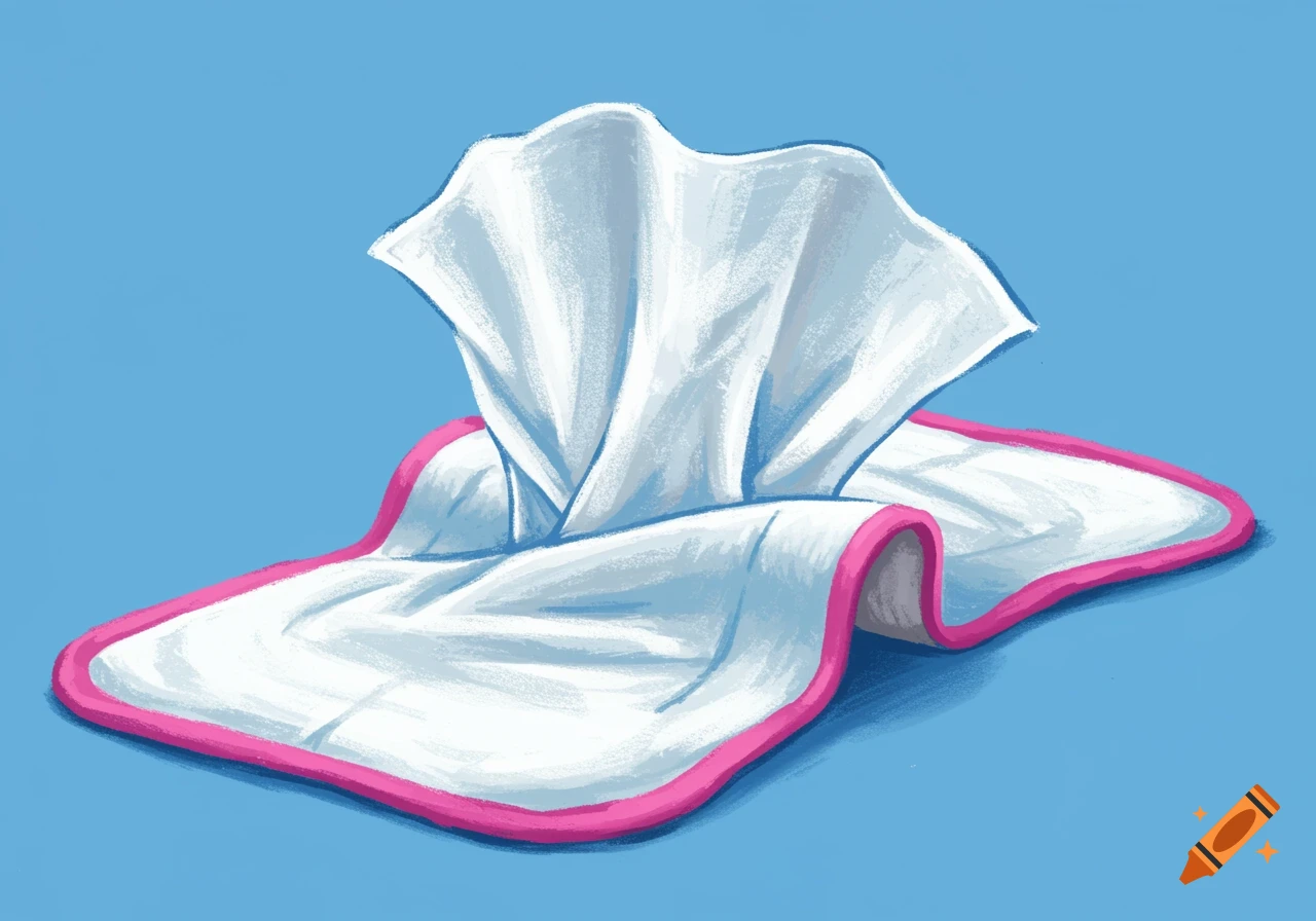 Painterly illustration of a white baby wipe with a pink border on a blue background.