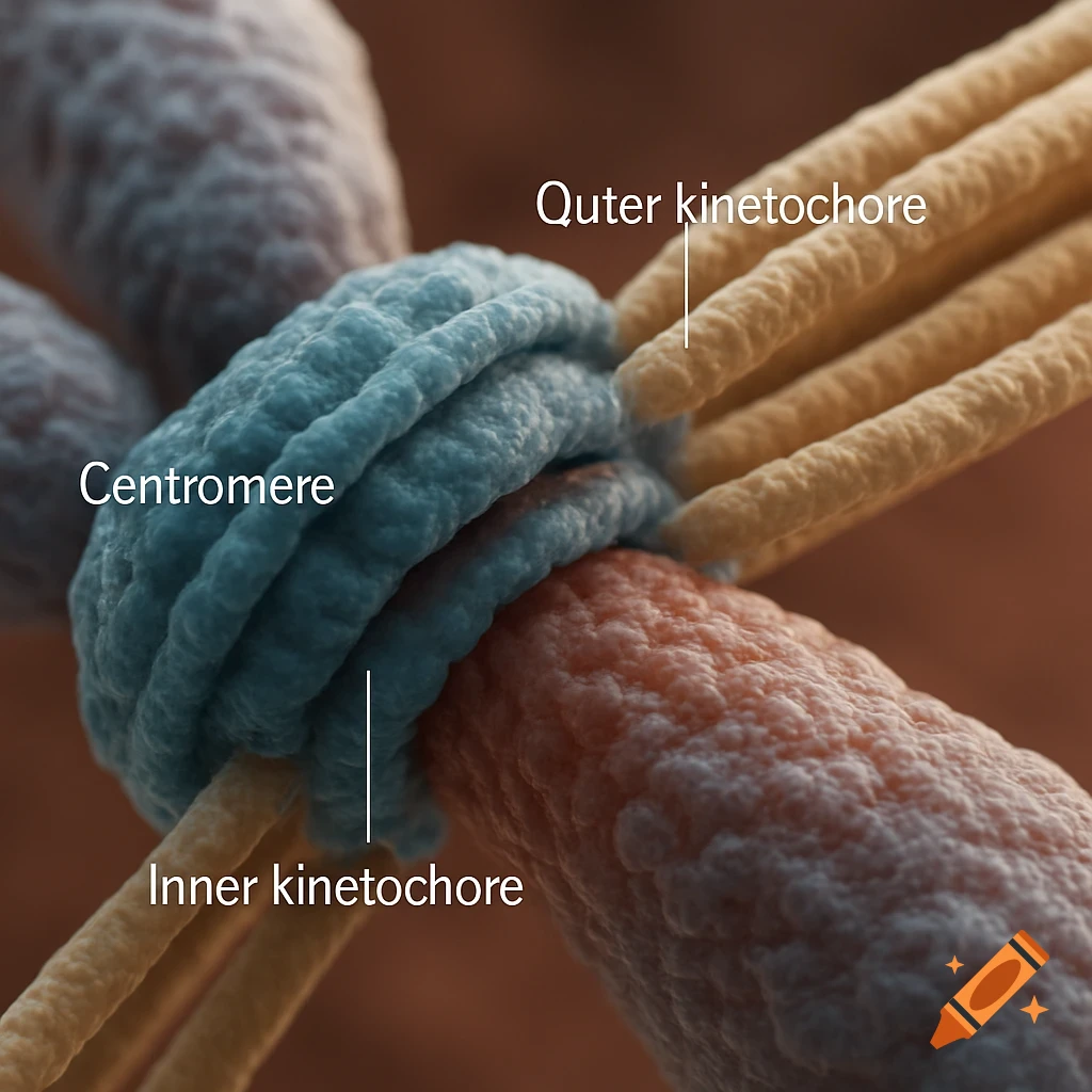 A photorealistic close-up view of a centromere (blue) with inner (blue) and outer (orange) kinetochores, and attached microtubules (yellow), labeled.