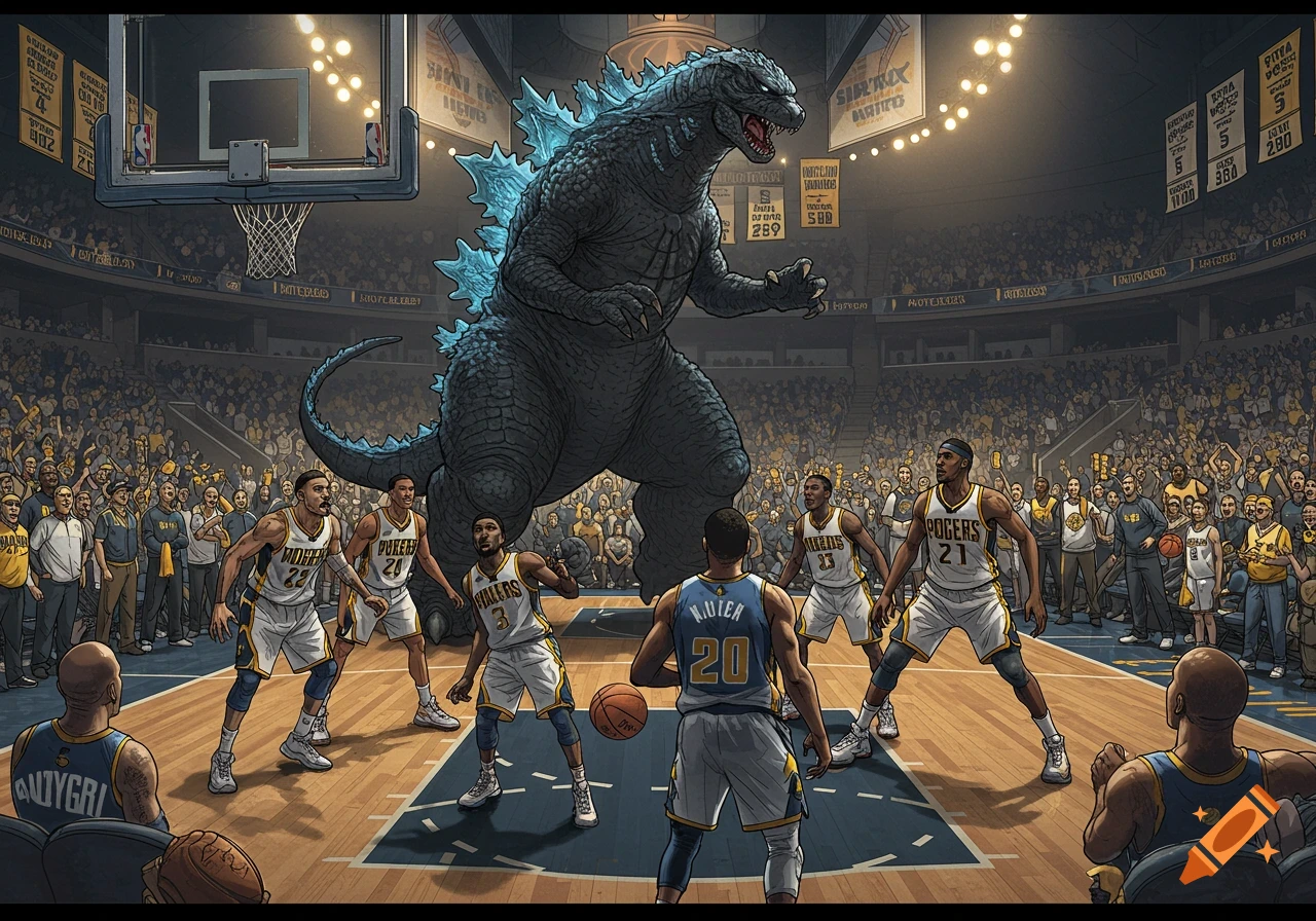 Godzilla faces off against basketball players on a court in a stadium full of spectators, in a comic-book style illustration.