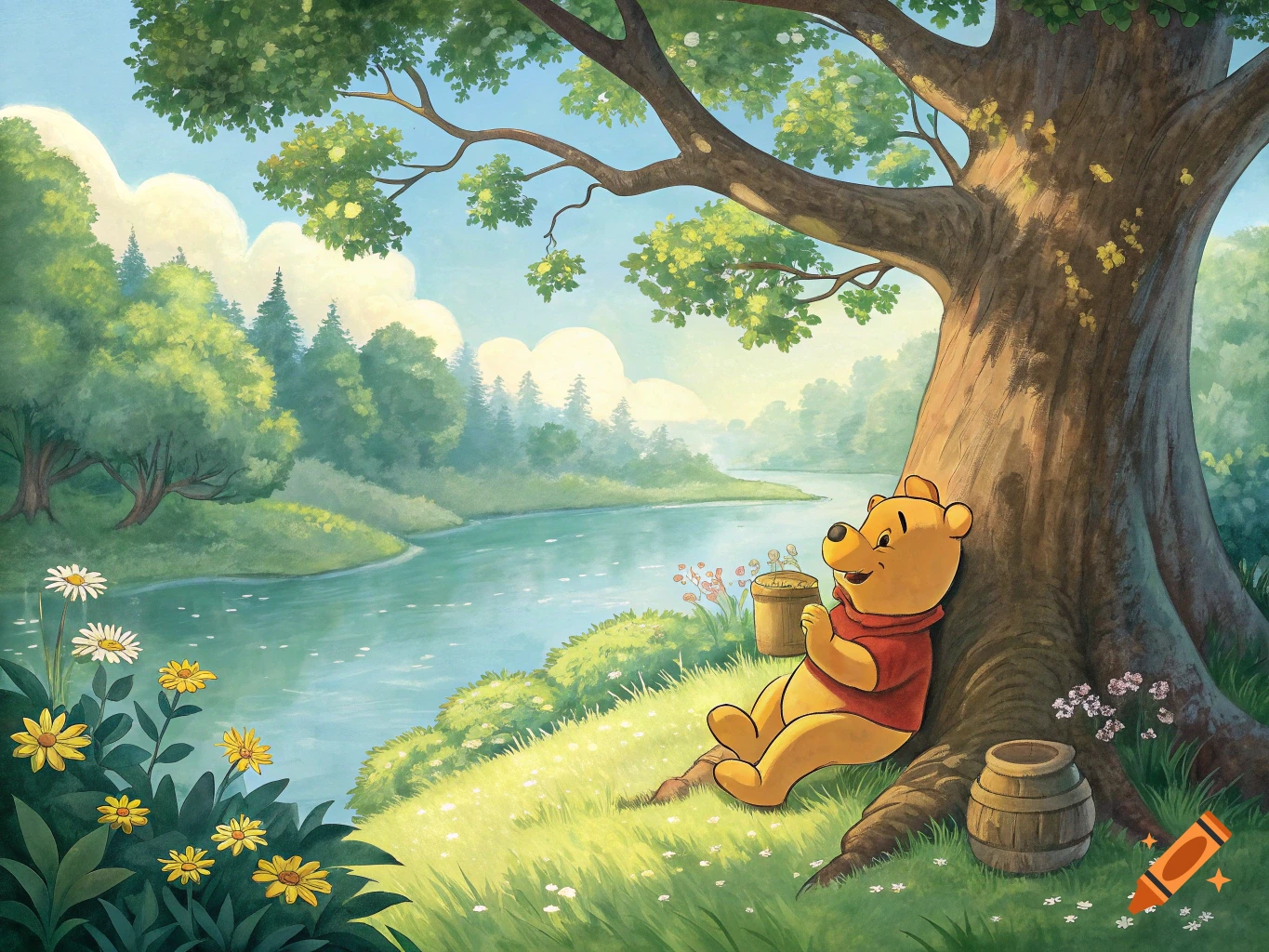 A cartoon watercolor Winnie the Pooh sits under a tree by a sunny river in a forest with flowers.