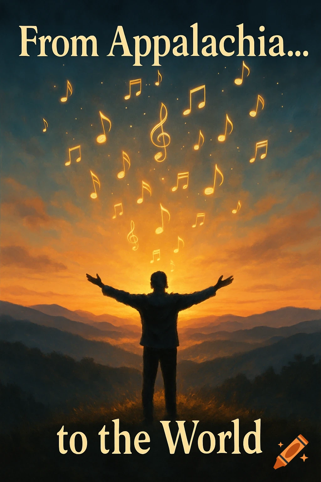 Silhouette of a person on a mountain at sunset with arms outstretched, glowing musical notes rising above them, and text 'From Appalachia... to the World'.