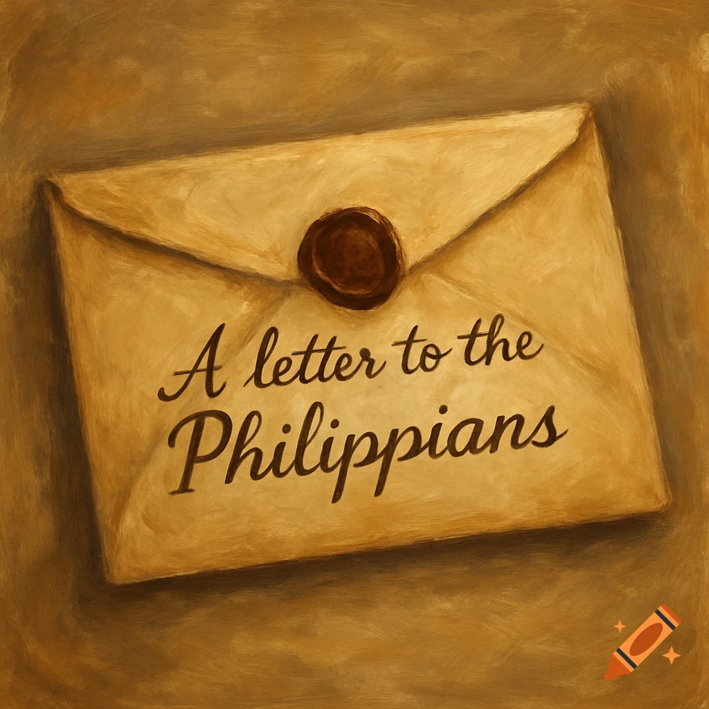 A painted, brown envelope with a dark red wax seal in the center, bearing the text "A letter to the Philippians" in elegant script.