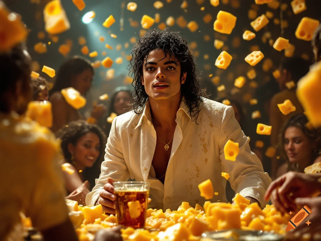 Photorealistic image of Michael Jackson at a vibrant party, surrounded by a multitude of cheese cubes, holding a drink.