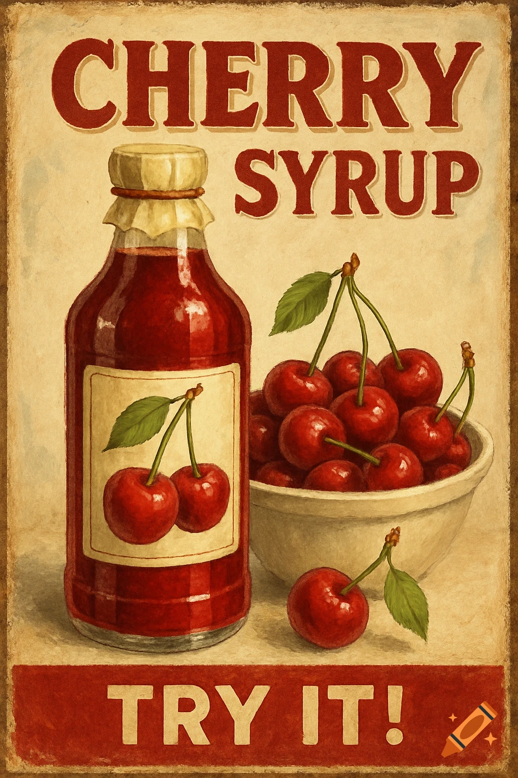 Vintage advertisement poster for cherry syrup with a bottle, bowl of cherries, and text.