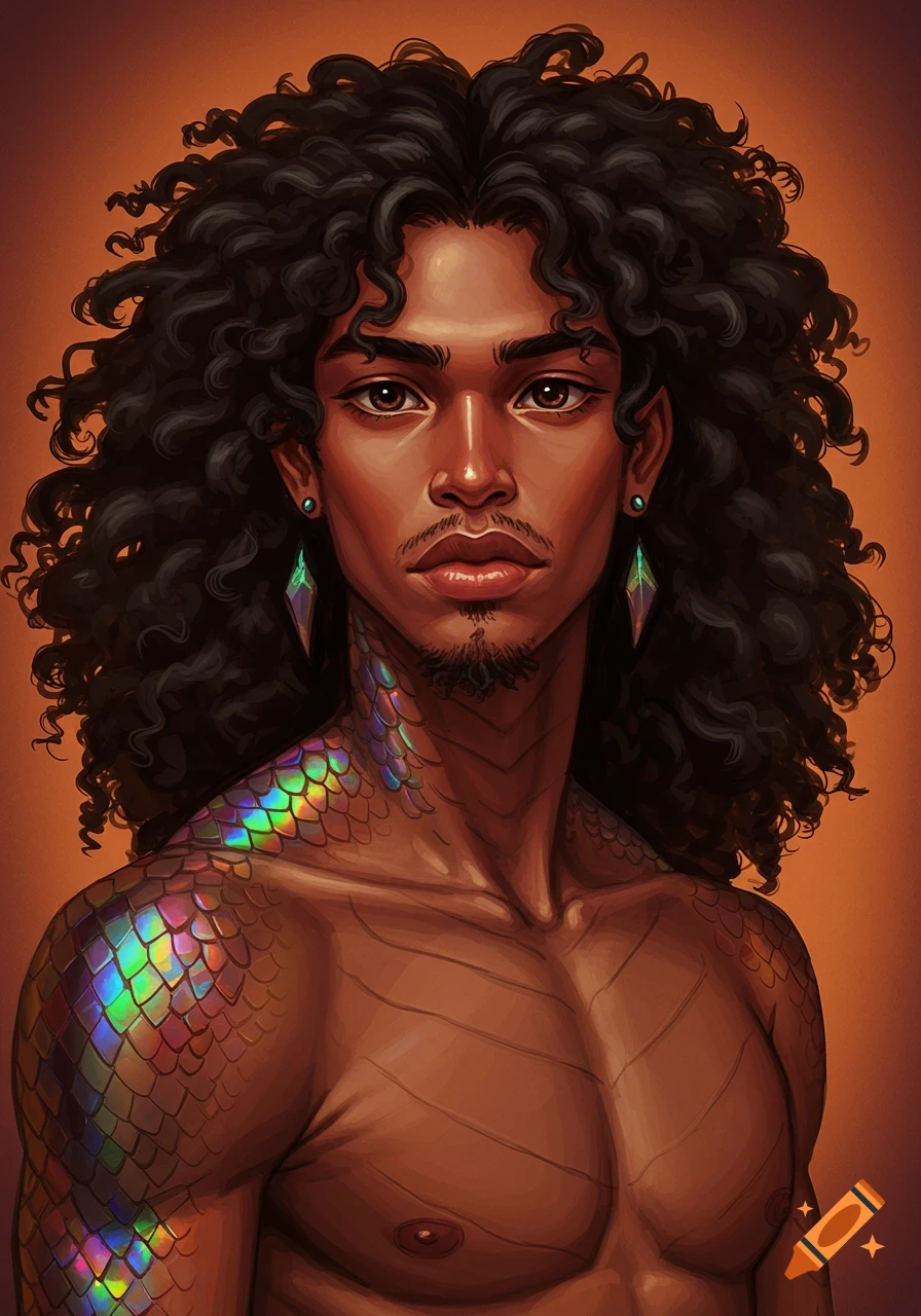 A detailed digital painting of a man with curly black hair, brown skin, and iridescent dragon scales on his shoulder and neck.