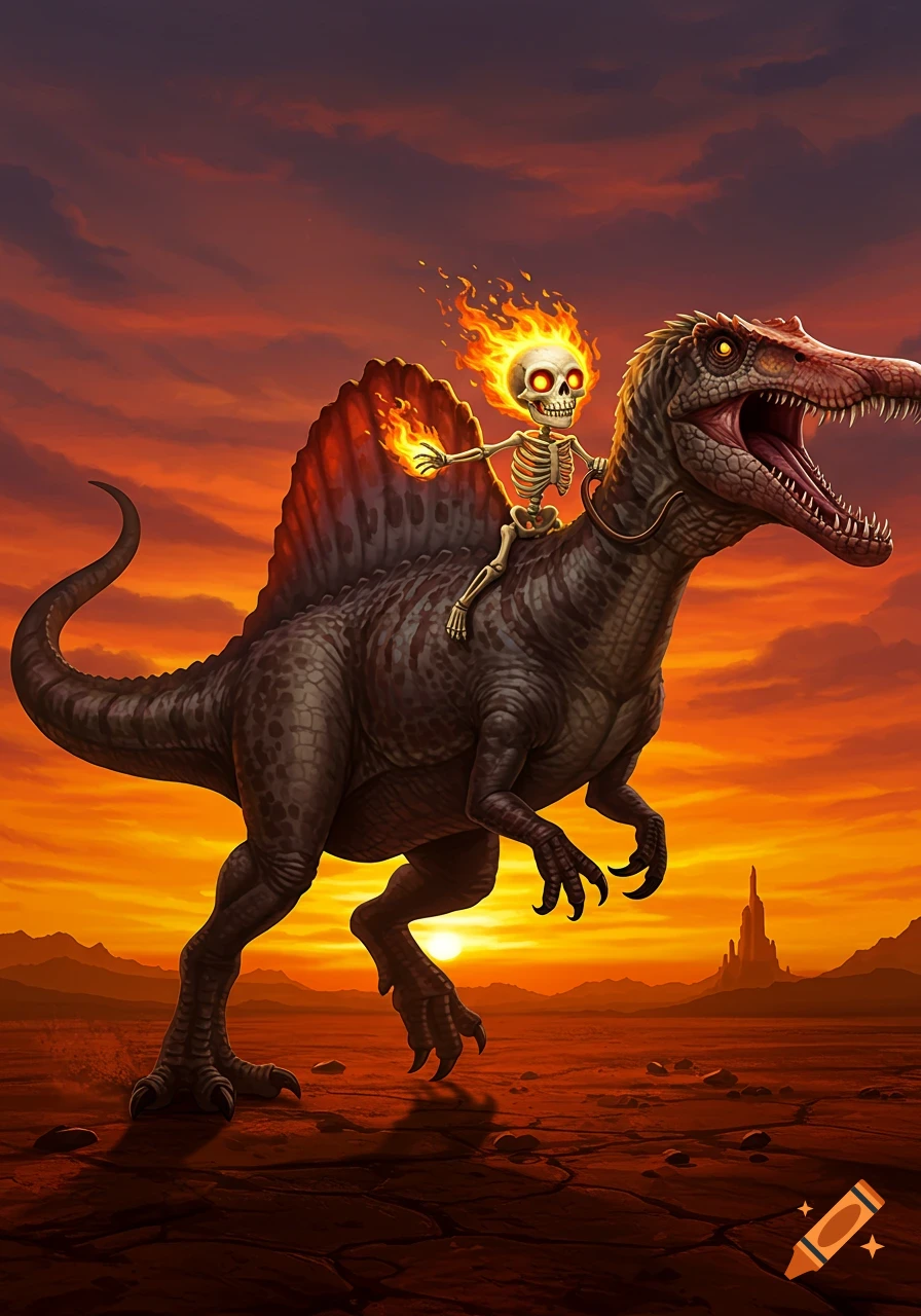 A fiery skeleton rides a spinosaurus across a cracked, dry landscape at sunset, in a fantasy art style.