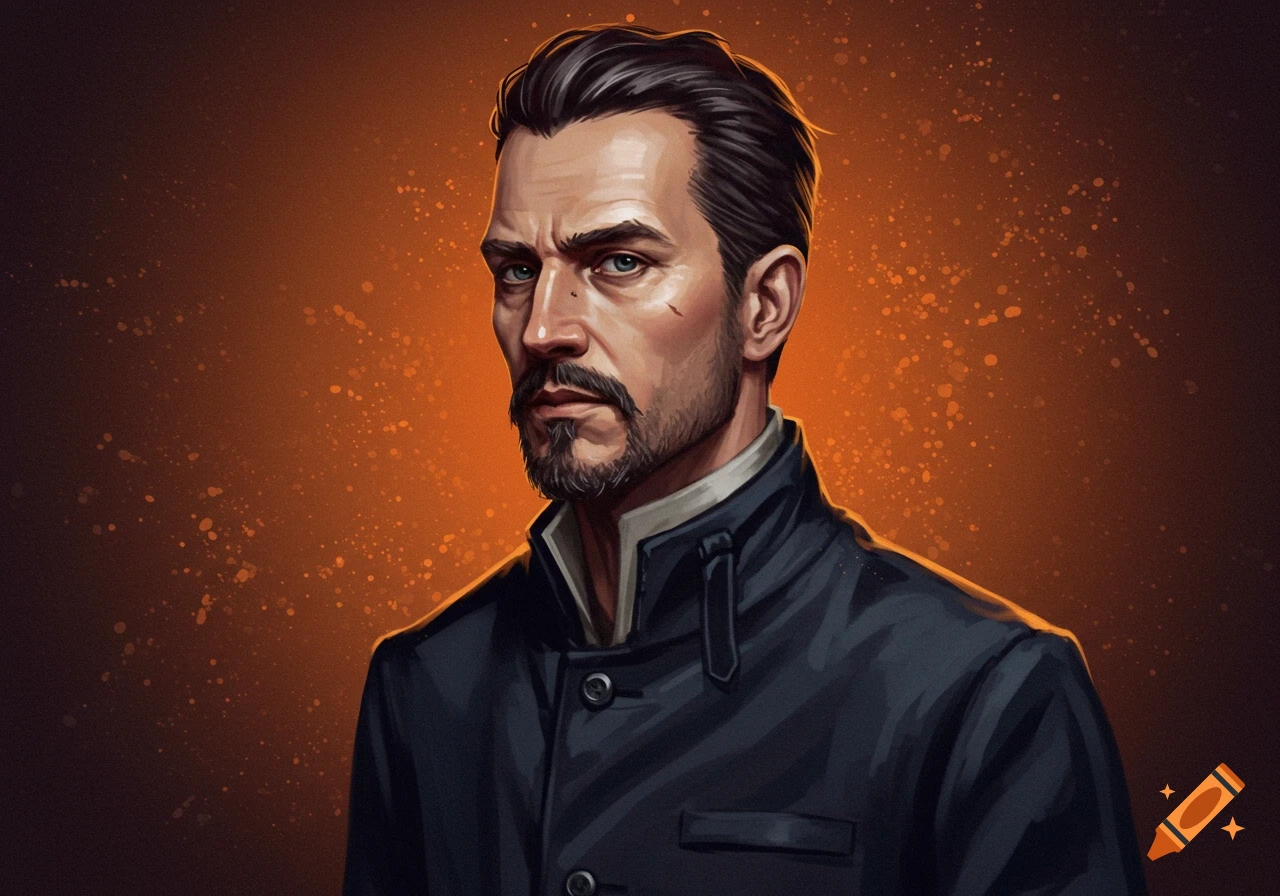 A close-up digital painting of a man with dark hair and a beard, wearing a dark coat, against an orange speckled background.