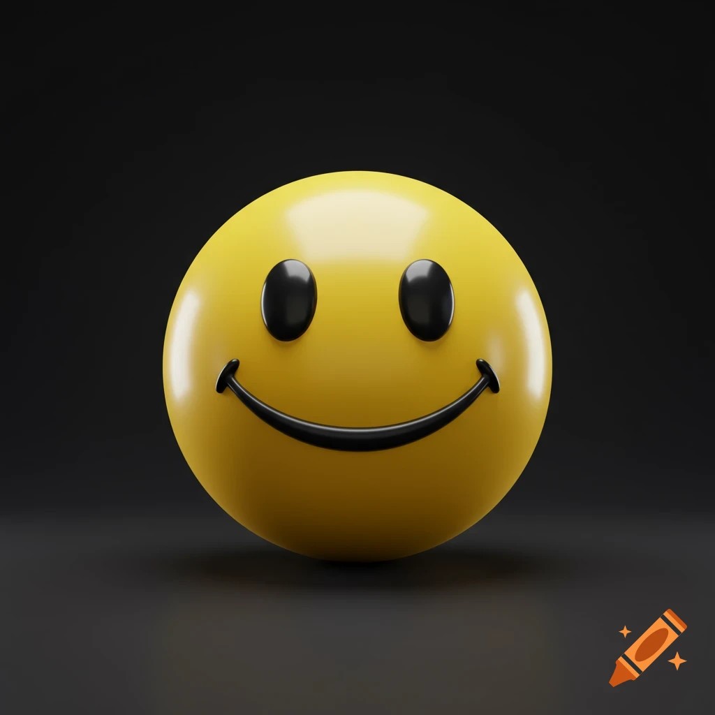 A shiny yellow 3D smiley face on a dark background.