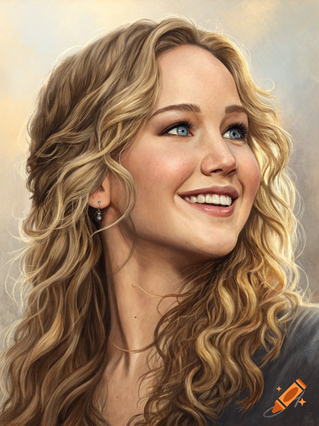 A photorealistic portrait of a smiling woman with long blonde wavy hair and blue eyes, looking up and to the right.