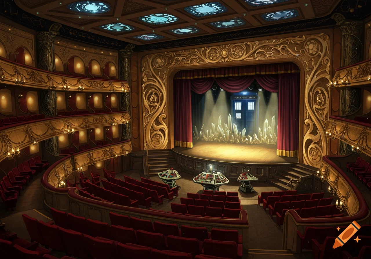 An ornate, opulent theater with red velvet seating and golden balconies. On the stage, a blue TARDIS stands amidst glowing white crystals, illuminated by spotlights. Three futuristic control consoles are in the orchestra pit.