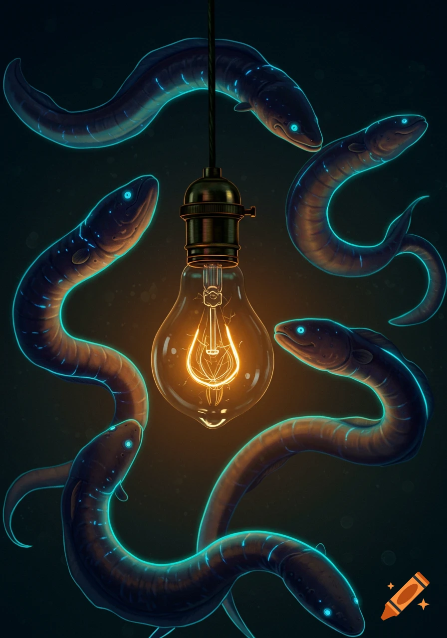 Several glowing electric eels with blue highlights surround a vintage light bulb that emits a warm orange glow against a dark background, in a stylized illustration.