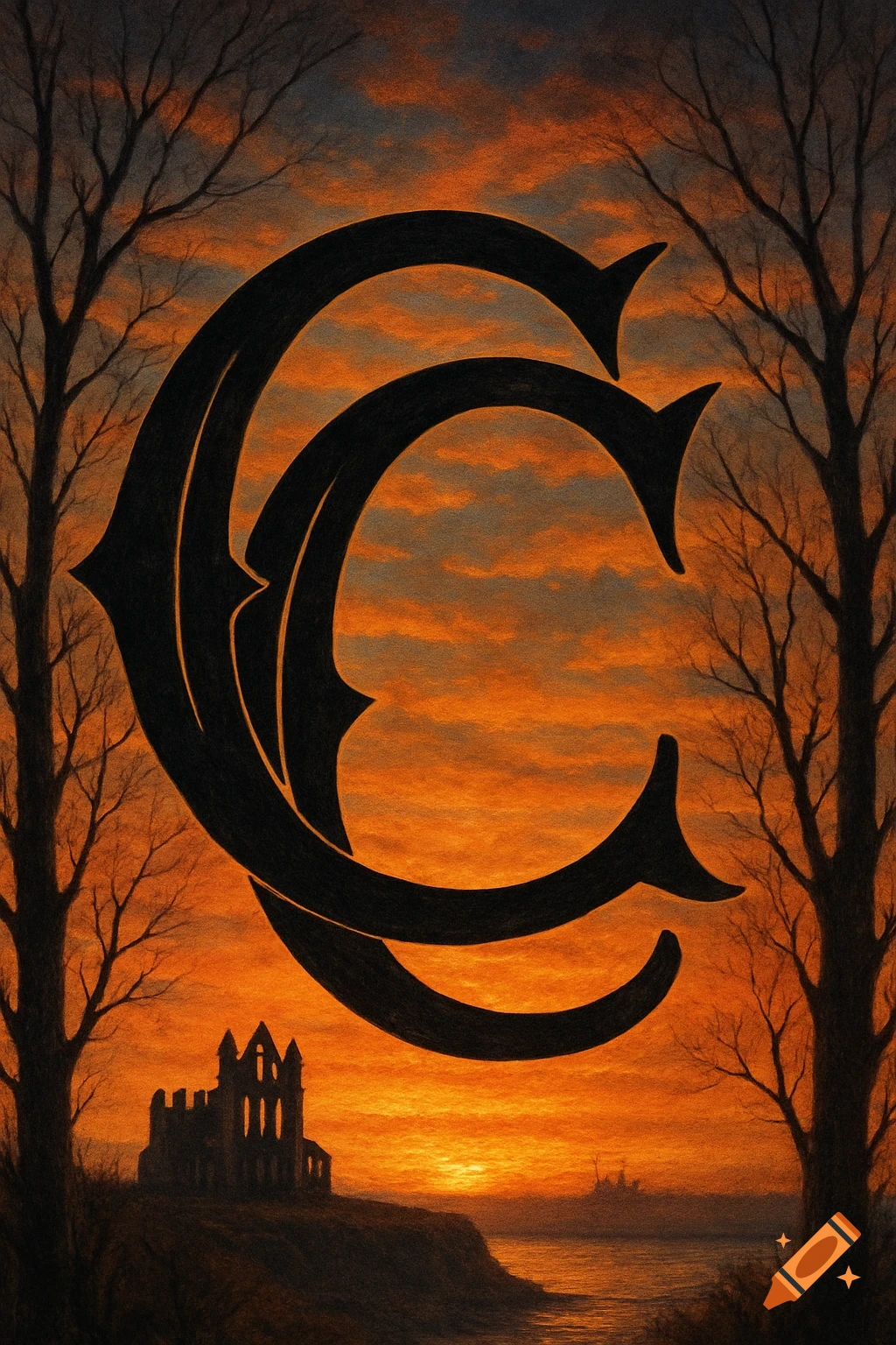 A gothic-style intertwined 'CC' monogram silhouetted against an orange sunset with bare trees and a ruined abbey.