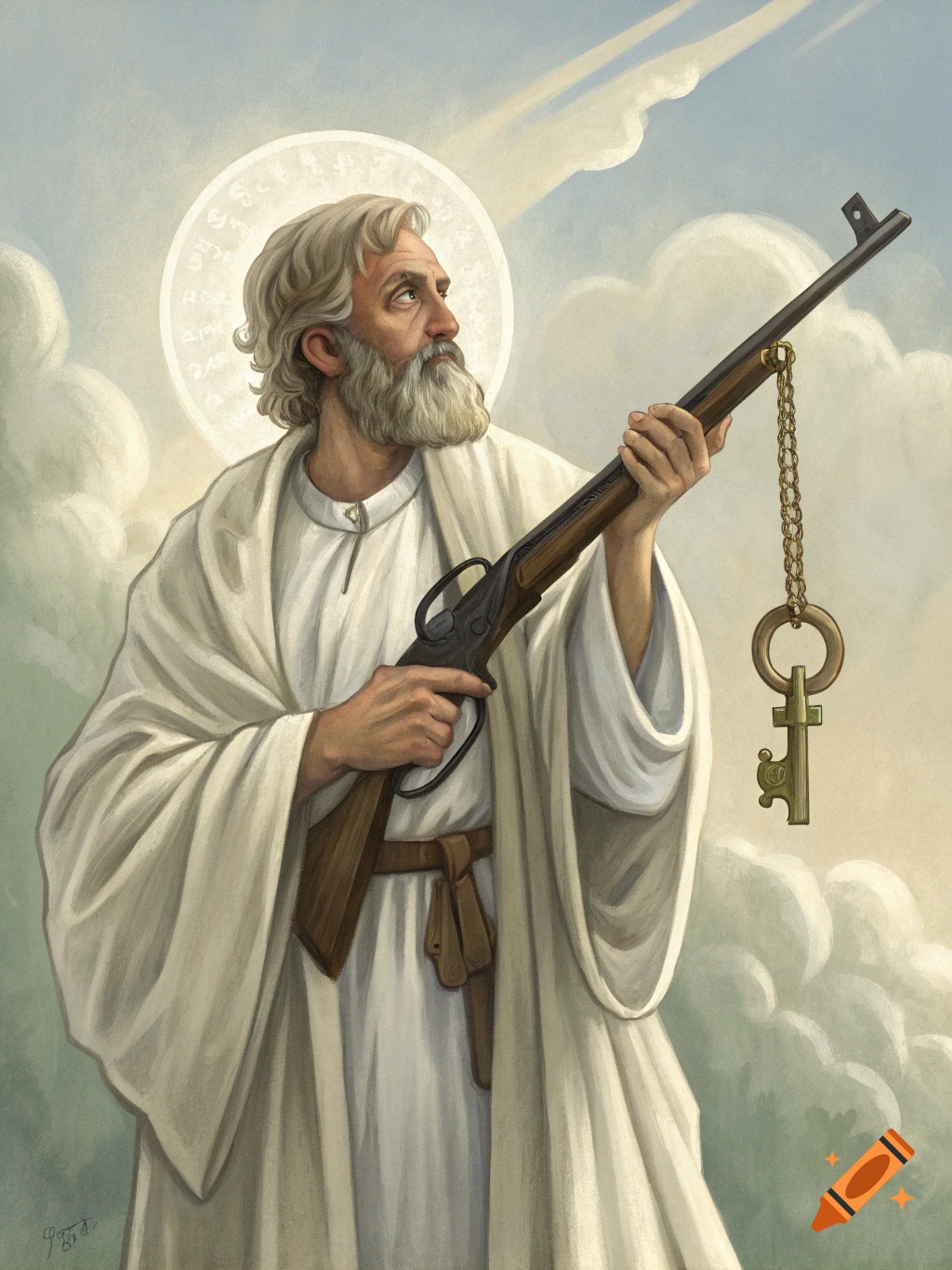 Painting of Saint Peter, an older man with a beard and white robe, holding a rifle with a key dangling from it, looking up towards the sky amidst clouds.