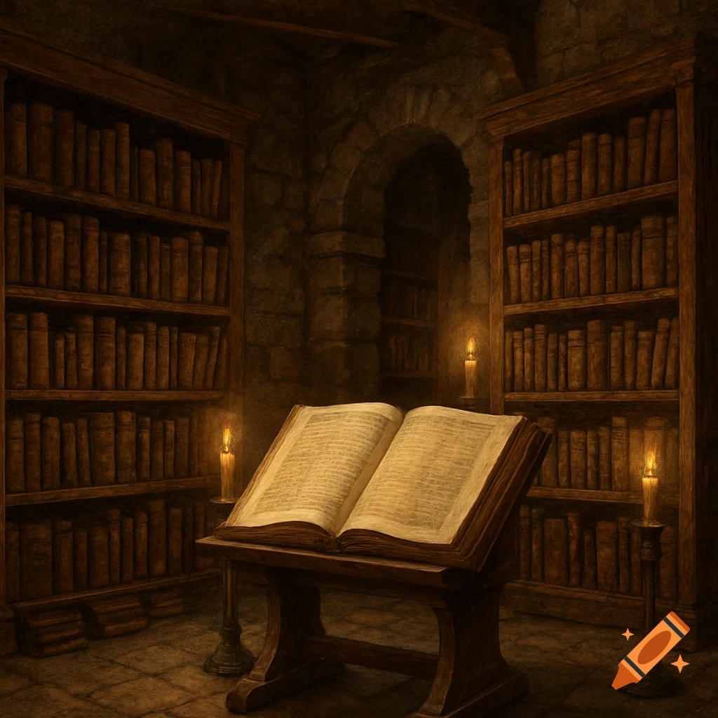 An open book on a reading stand in a dimly lit, ancient stone-walled library with tall wooden bookshelves filled with old tomes.