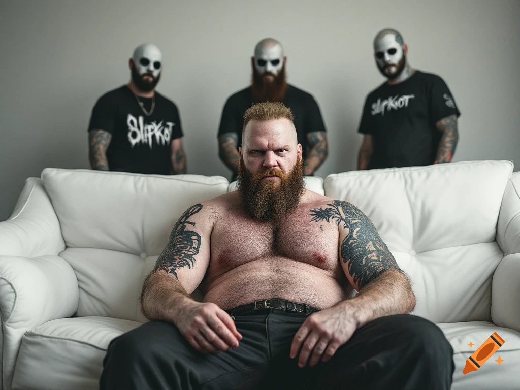 Photorealistic image of a bearded shirtless man with tattoos sitting on a white couch, with three masked men in black t-shirts standing behind him.