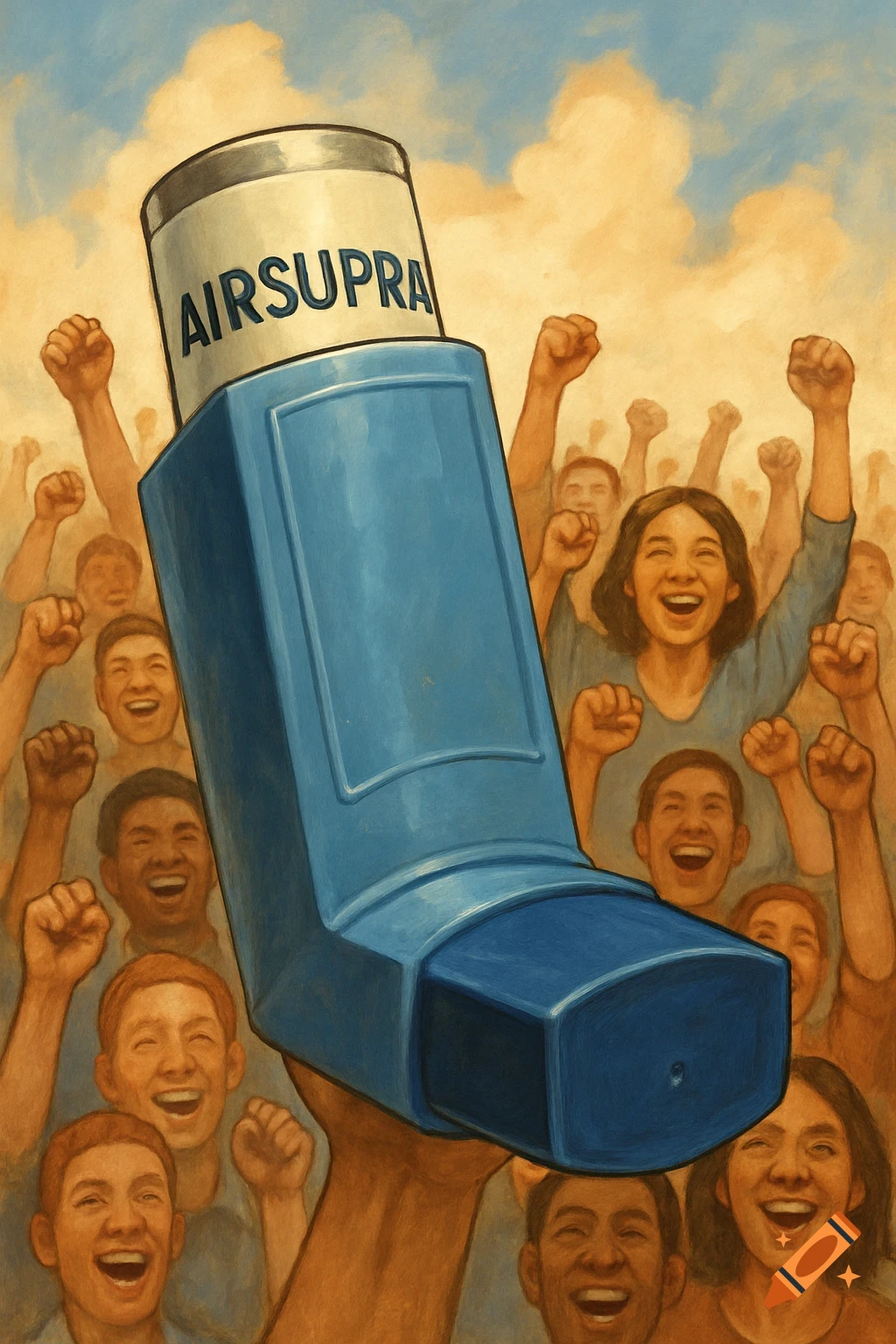 An 'AIRSUPRA' inhaler held aloft by a hand, surrounded by a cheering crowd under a cloudy sky in a painted style.