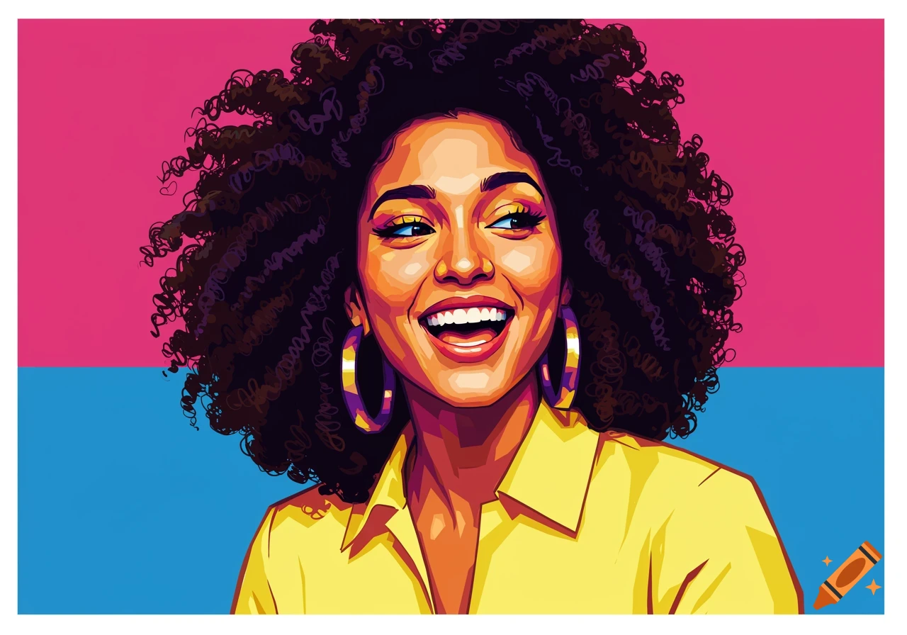 A vibrant, pop art style illustration of a smiling woman with curly hair wearing a yellow shirt and large hoop earrings.
