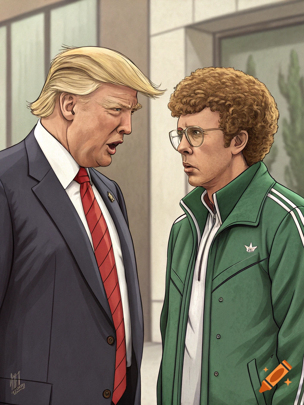 Illustration of Donald Trump in a suit and red tie talking to Napoleon Dynamite in a green tracksuit and glasses.