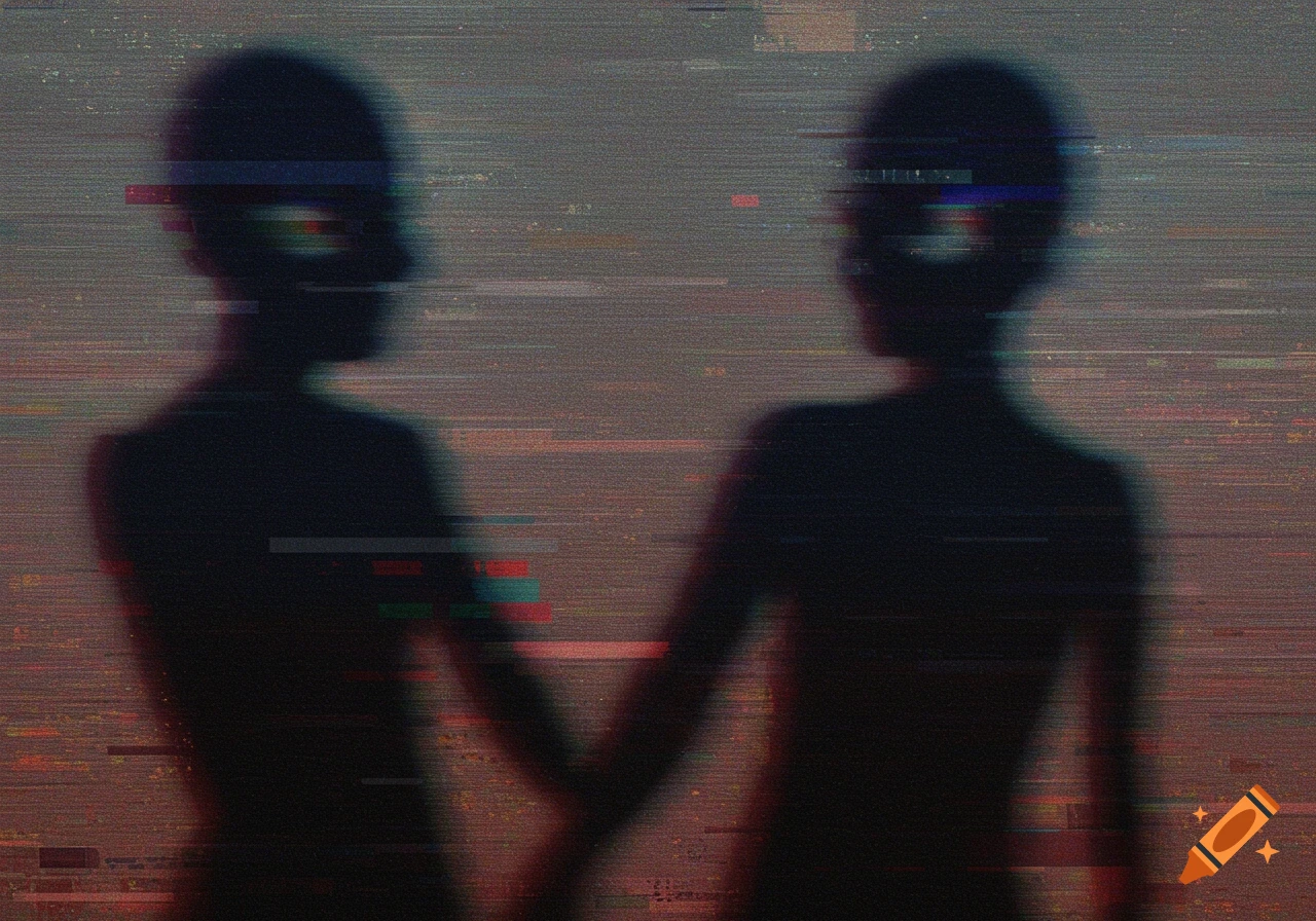 Two blurry, shadowy figures appear on a dark, static-filled background with glitch effects.