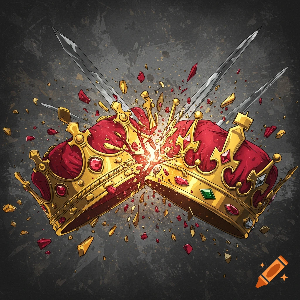 Two ornate crowns shattering upon impact with swords in the background on a textured gray background, cartoon style.