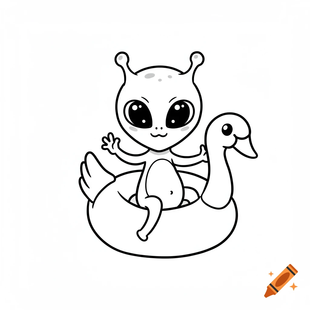 Cute black and white cartoon alien sitting on a duck-shaped pool floaty.