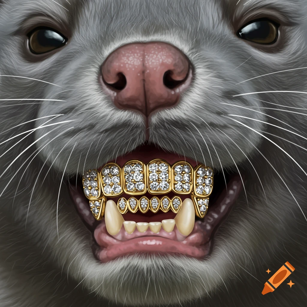 Close-up of a grey mink-like animal with a gold and diamond grill covering its teeth.