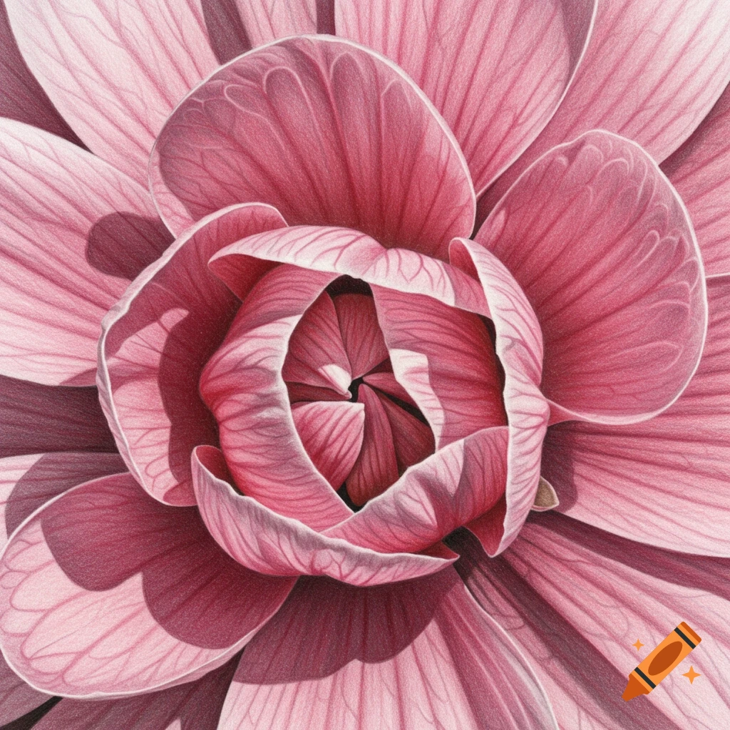 Detailed close-up sketch of a pink flower with many petals unfurling from the center.