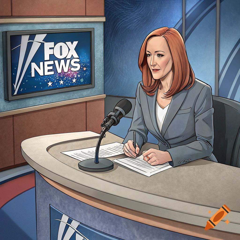 An illustrated female news anchor with red hair sits at a desk with a microphone and papers, with 'FOX NEWS' displayed on a screen behind her.
