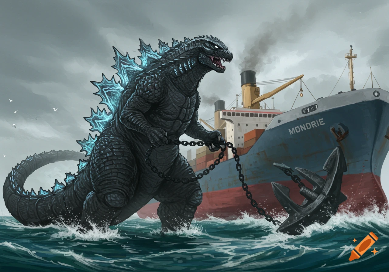 Godzilla holding a ship's anchor chain in the ocean next to a cargo ship under a cloudy sky.