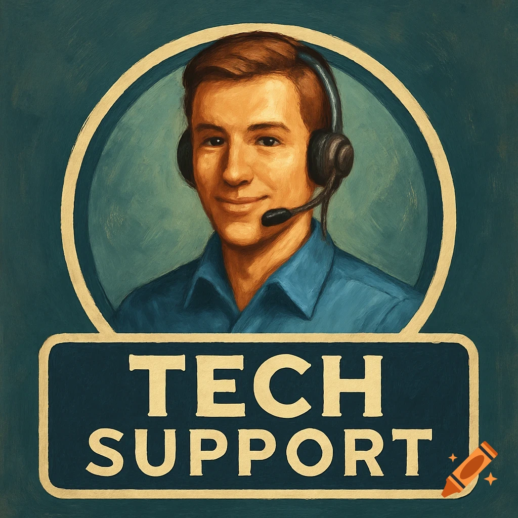 A vintage style portrait of a man with a headset, framed by a circle, above a banner that says "TECH SUPPORT".