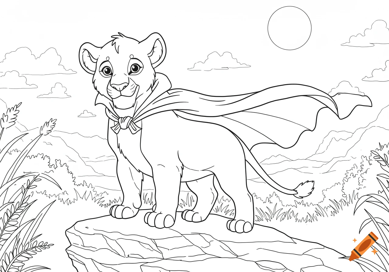 Black and white line art of a smiling lion cub wearing a flowing cape, standing on a rock with mountains and clouds in the background, designed as a coloring page.