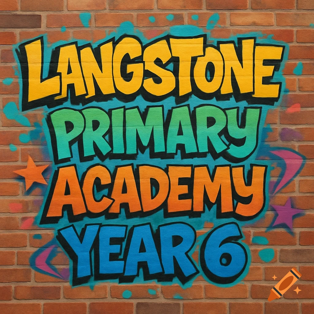 Graffiti style text reading 'Langstone Primary Academy Year 6' on a brick wall.
